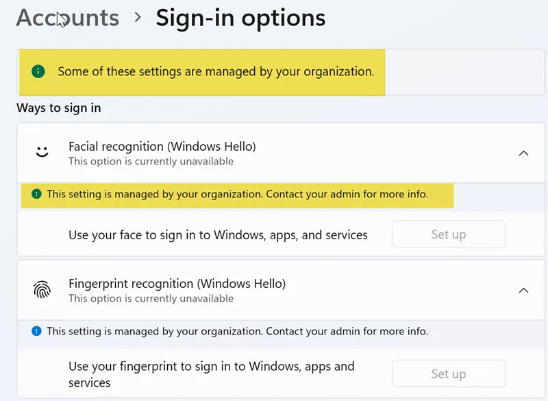 Windows sign in options managed by organization through Intune policy