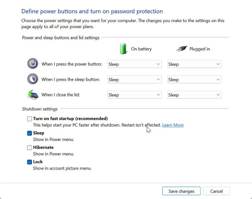 Windows 11 Power Options system settings with Turn on fast startup unchecked