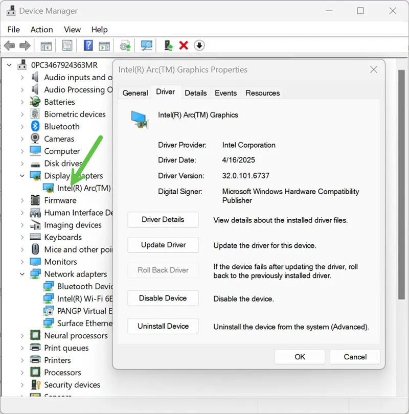 Windows 11 Device Manager GPU driver properties Driver tab showing Roll Back Driver button