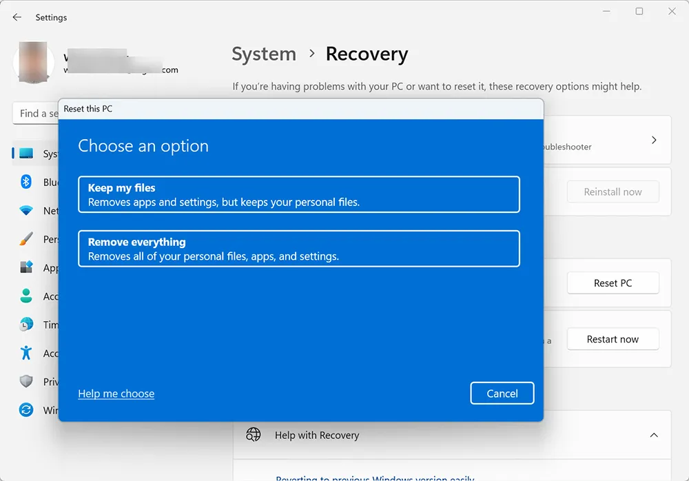 Windows 11 Reset this PC dialog showing Keep my files and Remove everything options