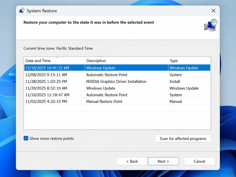 Windows 11 System Restore wizard showing restore points before January 2026 update