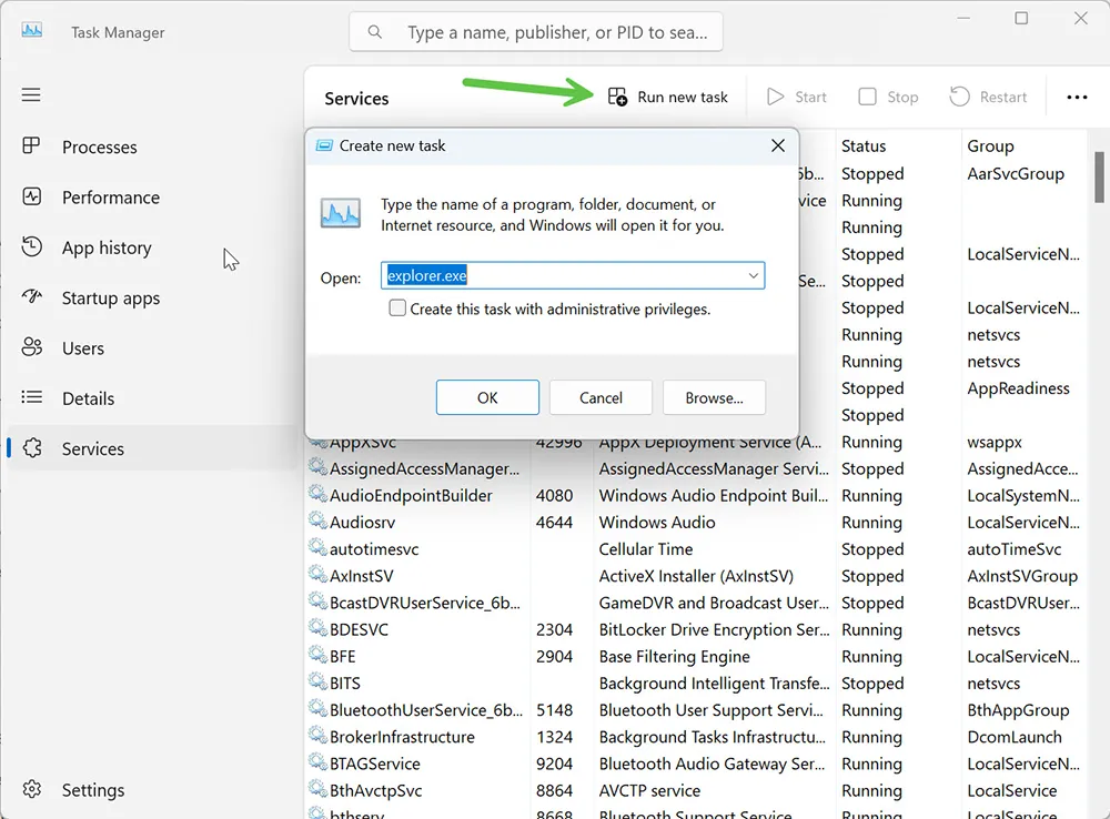 Task Manager Run new task dialog with explorer.exe typed in Windows 11