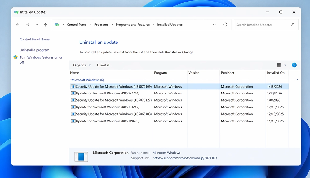 Uninstalling Windows 11 update KB5074109 from Settings Update History
