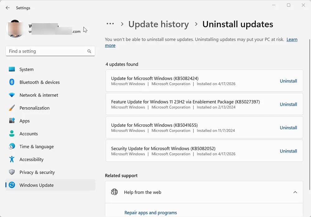Windows 11 Settings Uninstall updates page showing Uninstall button next to recent KB update