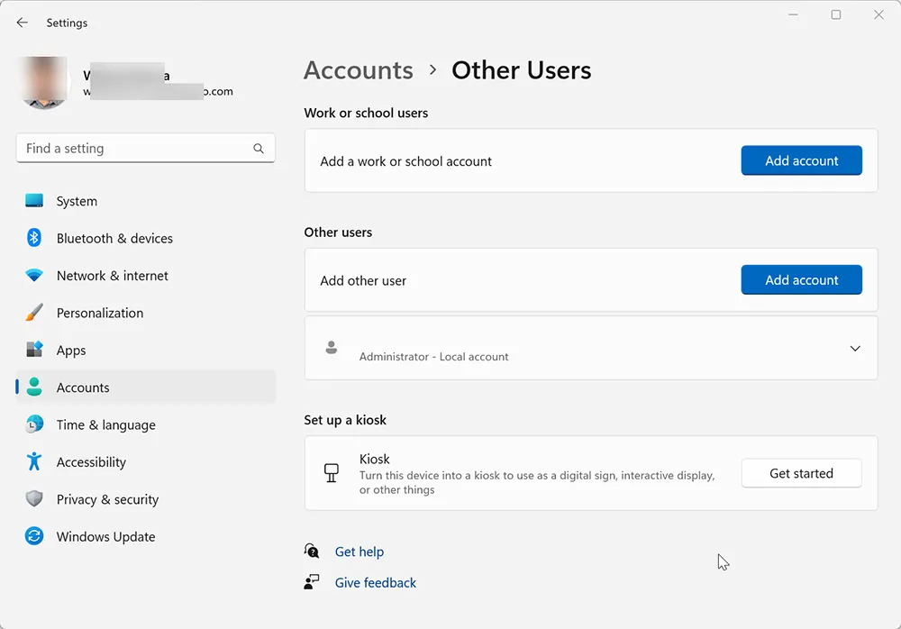 Windows 11 Settings Accounts Other users with Add account option for creating a local user