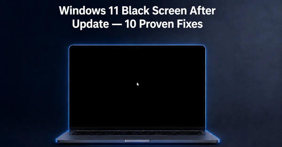 Windows 11 laptop displaying a black screen with cursor after a problematic update install
