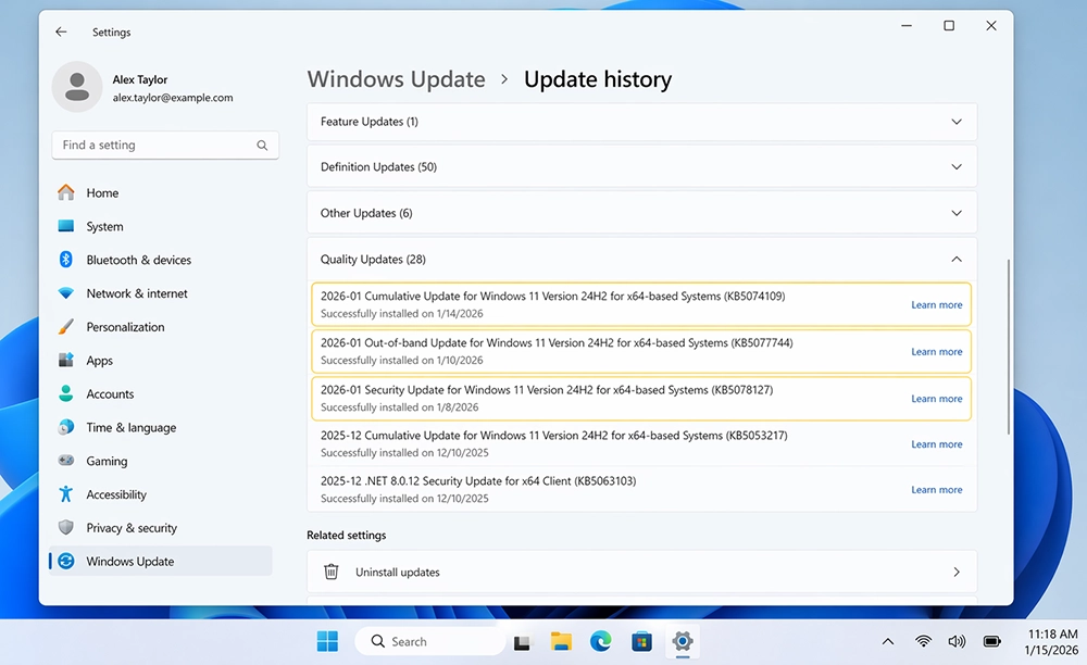 Windows 11 Update History showing KB5074109 KB5077744 KB5078127 installed