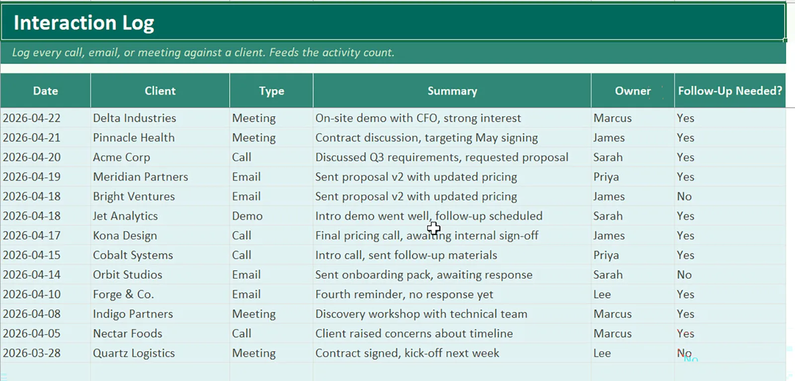 Client Relationship Manager Template for Excel — preview 2