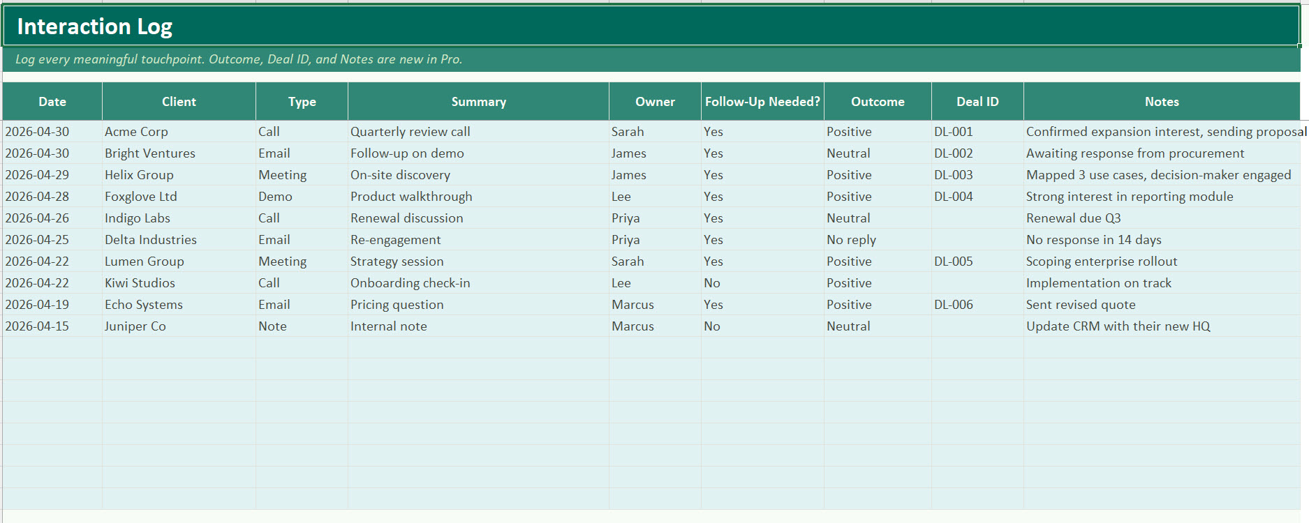 Client Relationship Manager Pro for Excel — preview 2