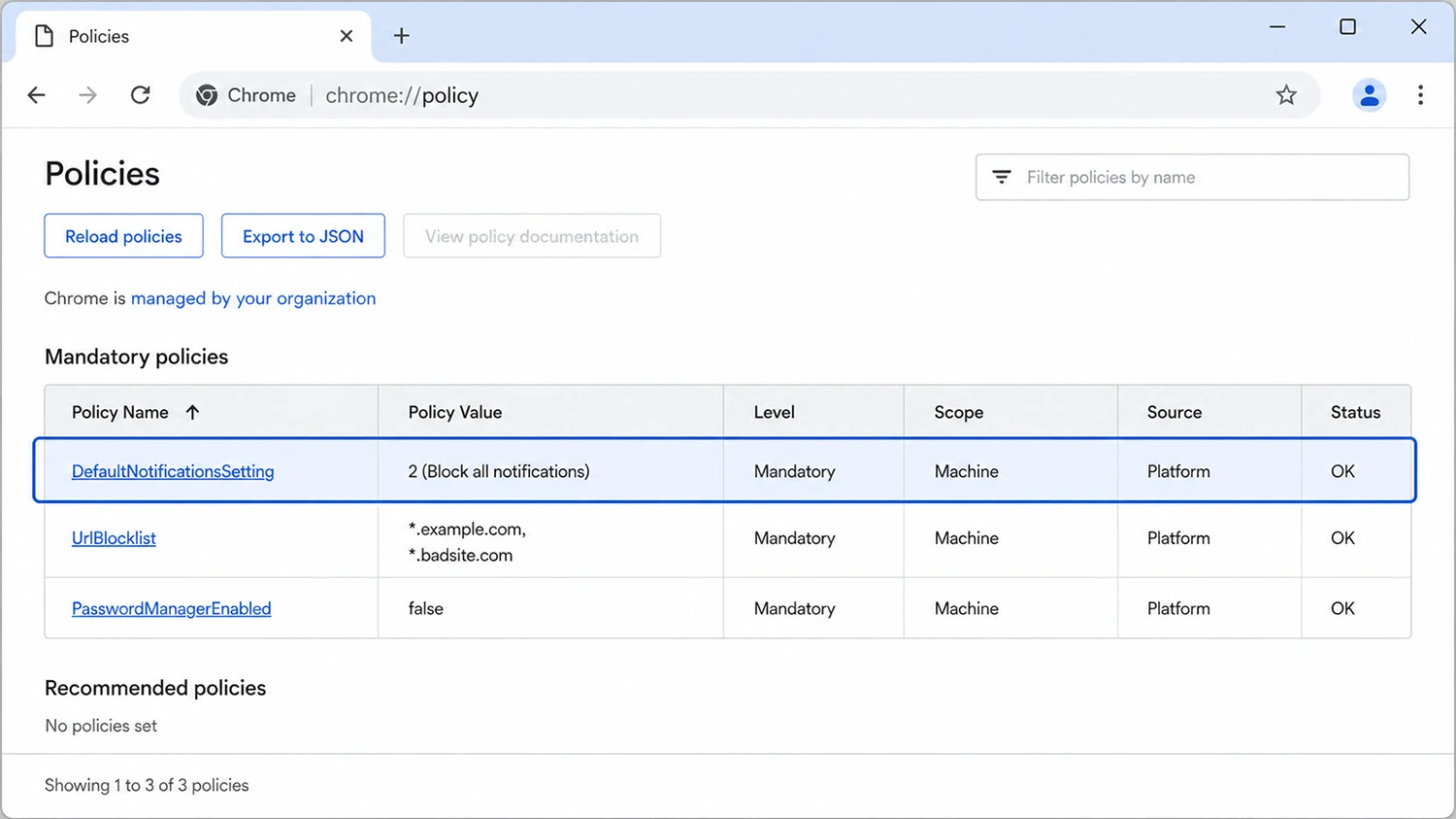 chrome://policy page showing an enterprise notification policy applied to a managed device
