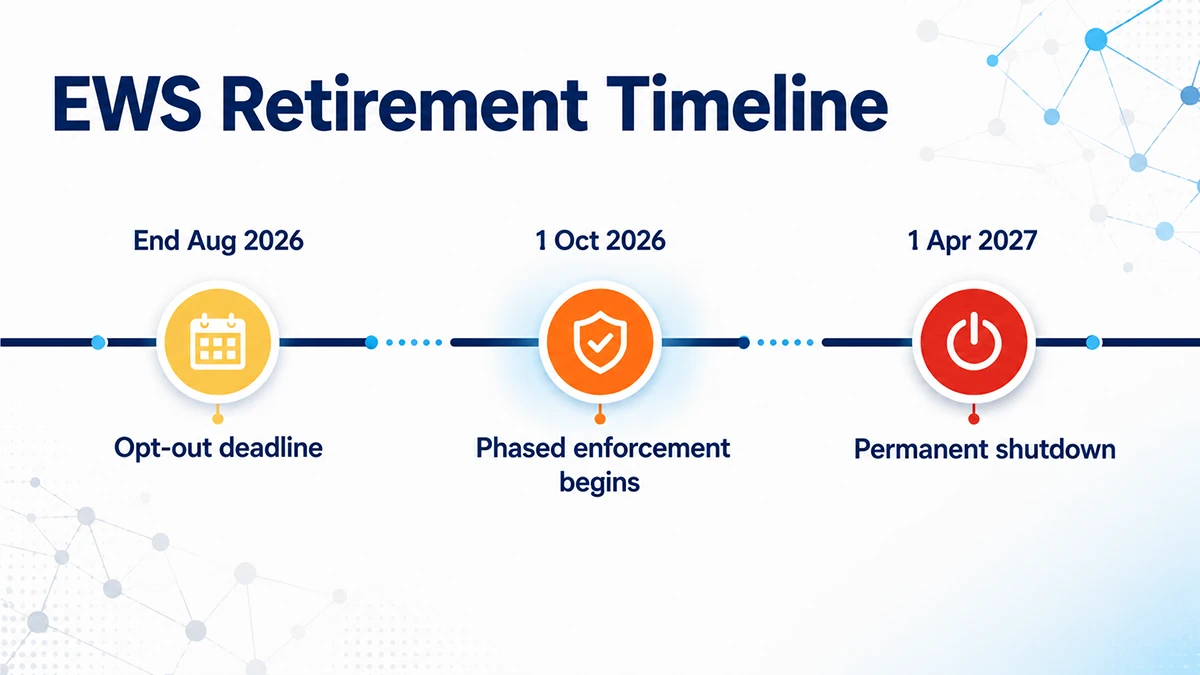 Timeline showing Exchange Web Services retirement milestones: opt-out deadline end of August 2026, allow list pre-population September 2026, phased enforcement 1 October 2026, permanent shutdown 1 April 2027