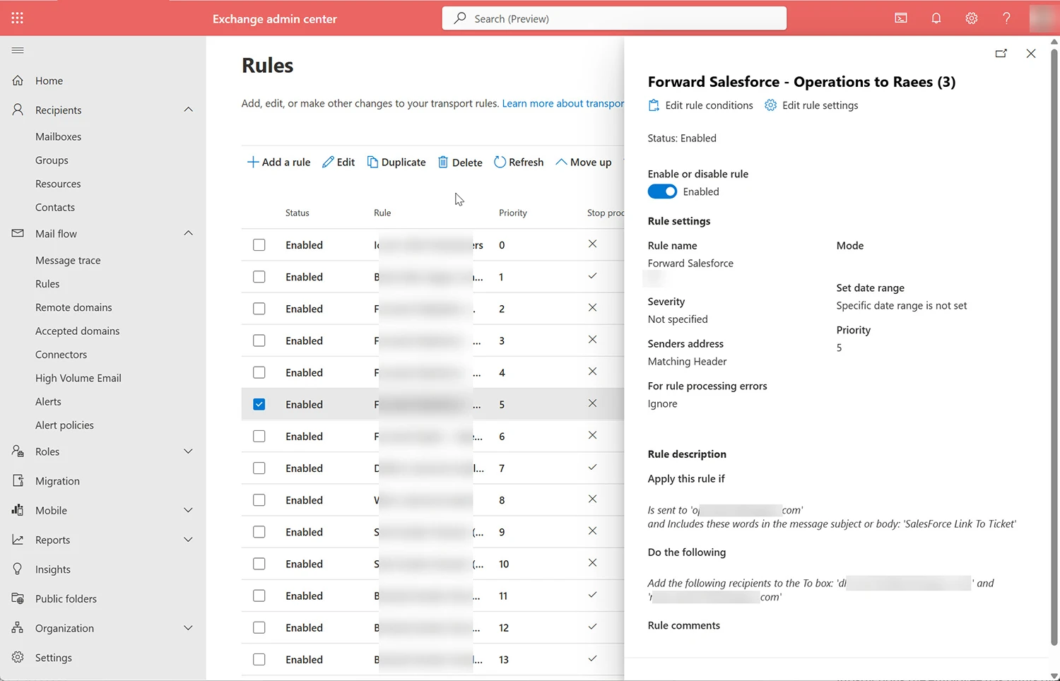 Exchange Admin Center transport rule showing the apply-if condition and resulting action