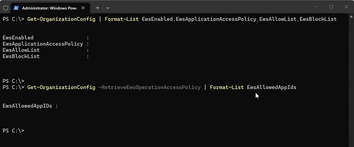 Exchange Online PowerShell showing blank EwsEnabled and EwsAllowedAppIDs values in an unconfigured tenant