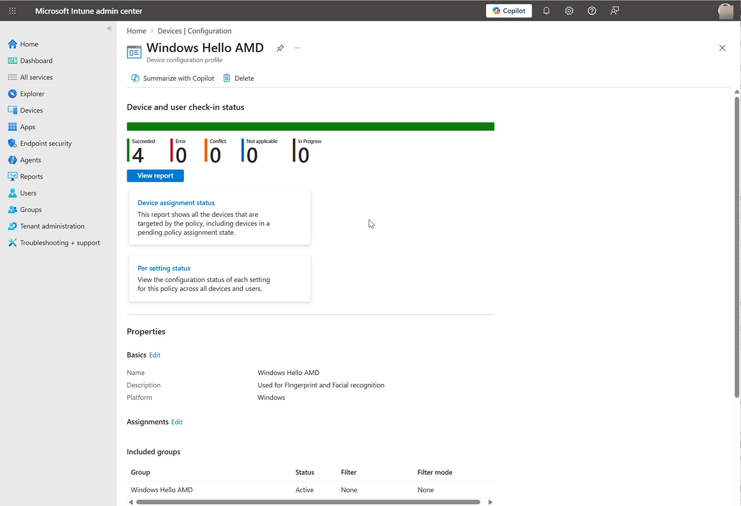Intune configuration profile settings for Windows Hello for Business