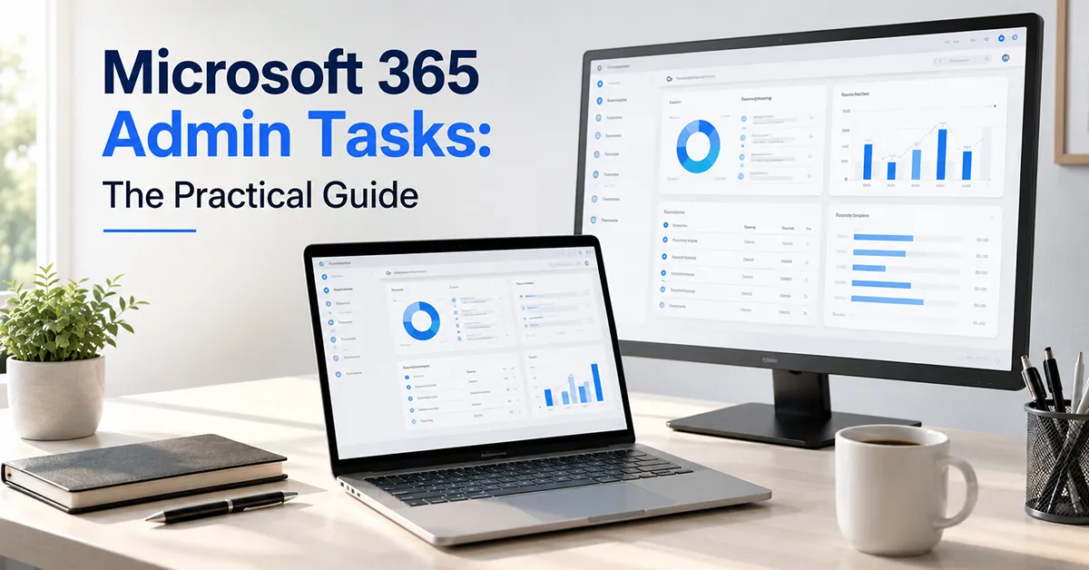 microsoft-365-admin-tasks-guide IT administrator workspace with laptop and dashboard monitor