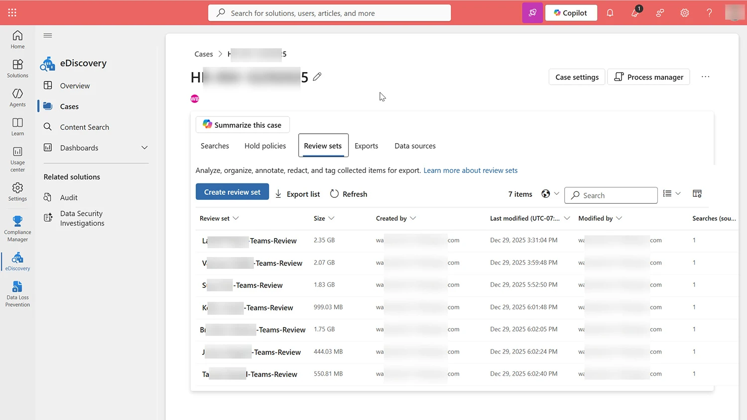 Microsoft Purview eDiscovery review sets listing collected items ready for export