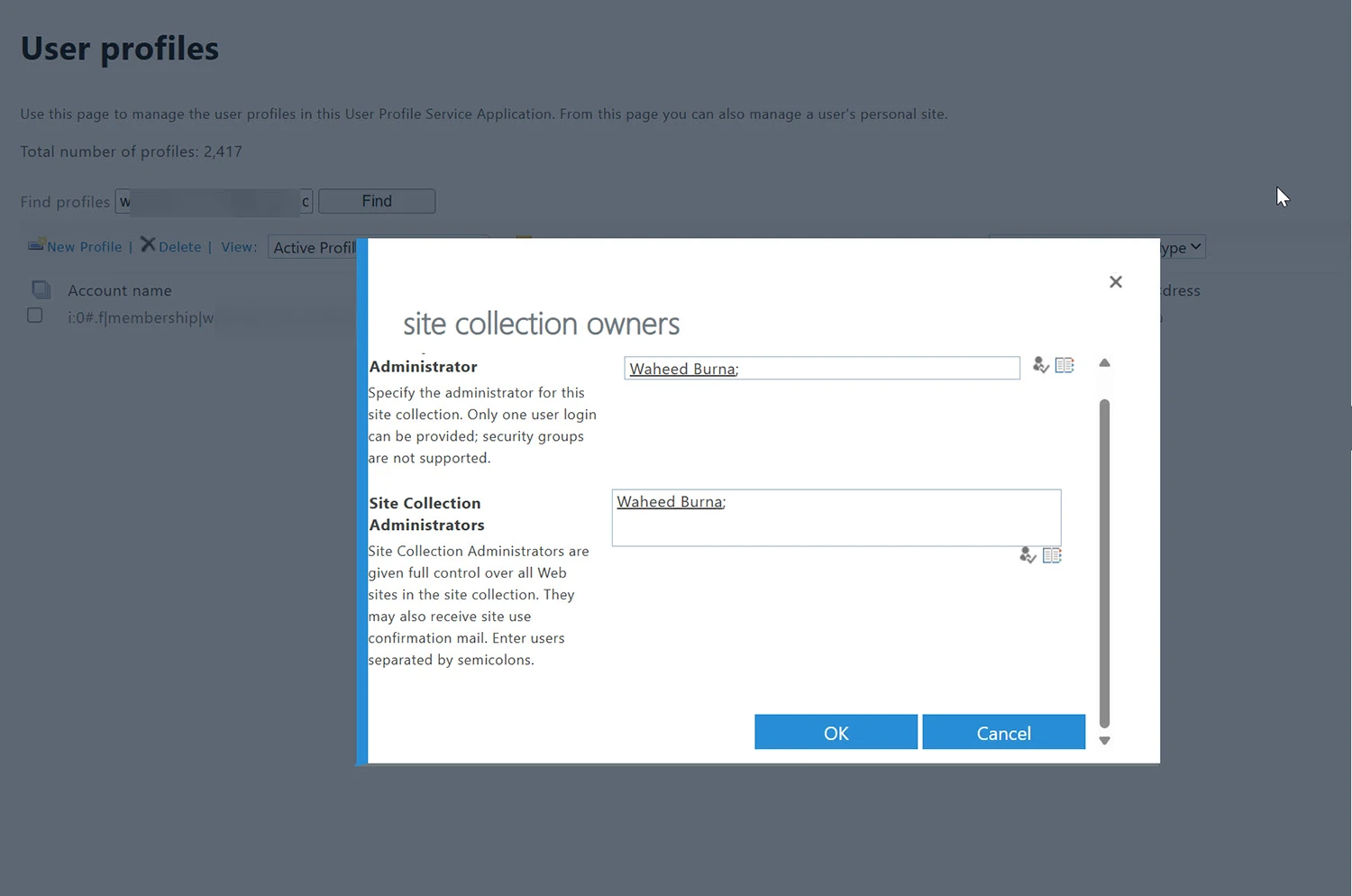 Site collection owners dialog used to delegate access to a former employee's OneDrive