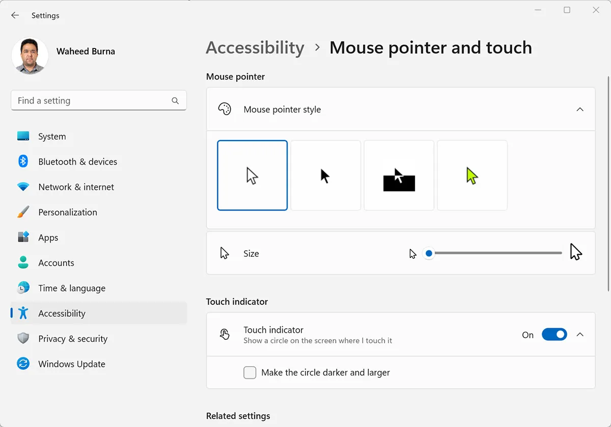 Windows 11 mouse pointer settings showing a default white cursor after the KB5120998 update reset custom settings