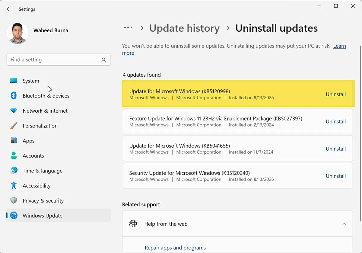 Windows 11 Settings Uninstall updates page showing KB5120998 with the Uninstall button