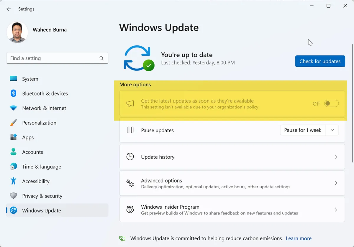 Windows 11 Windows Update settings with the get latest updates as soon as available toggle switched off