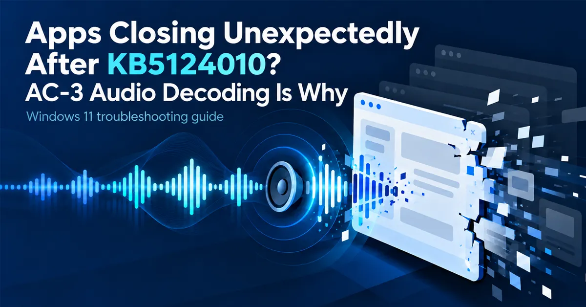 Audio waveform cutting to silence after KB5124010 Audio waveform cutting abruptly to silence, representing applications closing when AC-3 audio plays