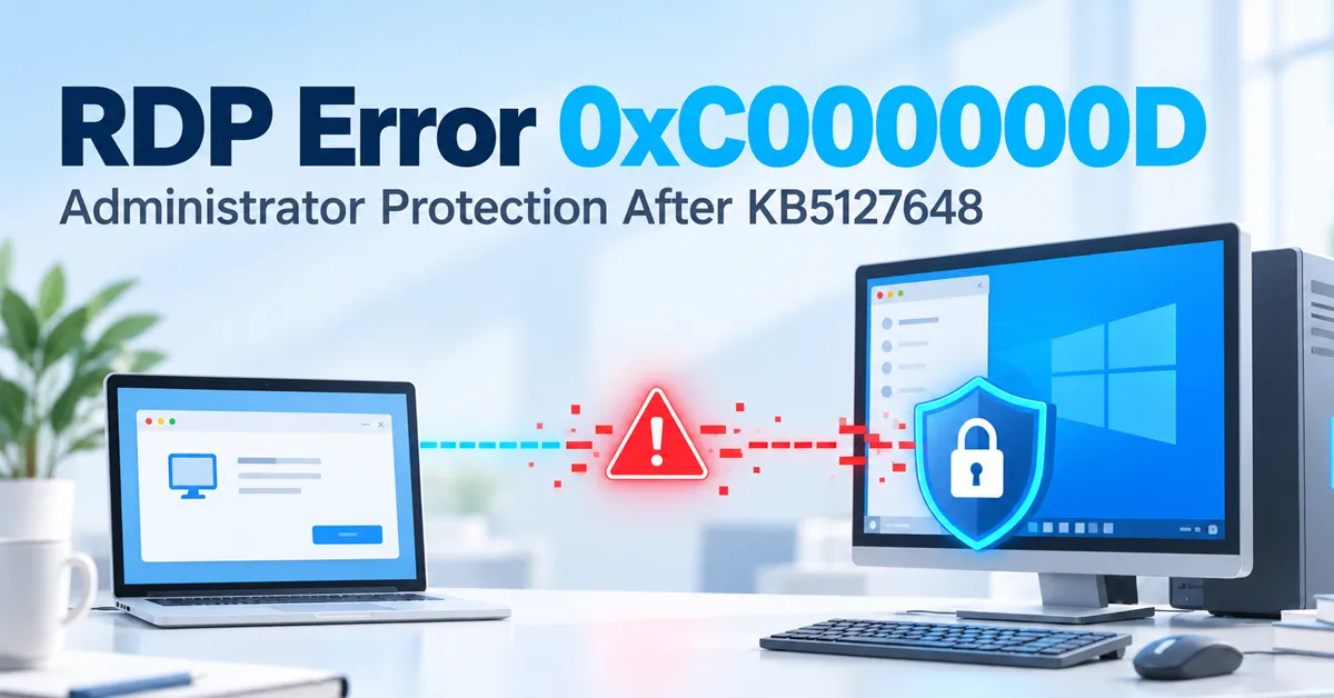 RDP error 0xC000000D on Windows 11 Remote Desktop connection blocked by a security shield, representing error 0xC000000D on Windows 11 with Administrator protection enabled